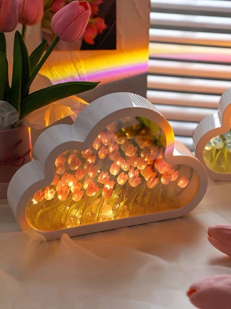 Cloud Tulip Night Light Handmade DIY Material Flower Home Decor Mirror Creative Atmosphere Lamp Birthday Gift Valentine's Day